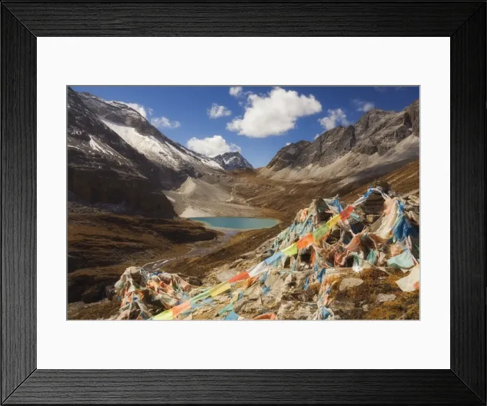 Framed Print : Prayer flags and Erongcuo Lake, Yading Nature Reserve, Sichuan Province, China, Asia Framed Print : Prayer flags and Erongcuo Lake, Yading Nature Reserve, Sichuan Province, China, Asia