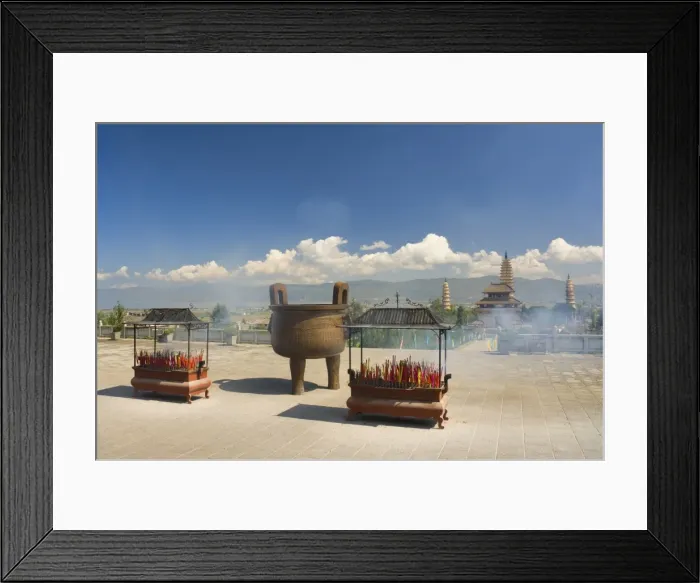 Framed Print : Incense pots, and Three Pagodas in background, Chongsheng Temple, Dali Old Town Framed Print : Incense pots, and Three Pagodas in background, Chongsheng Temple, Dali Old Town