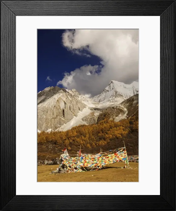 Framed Print : Prayer flags and Xiaruoduojio mountain, Yading Nature Reserve, Sichuan Province