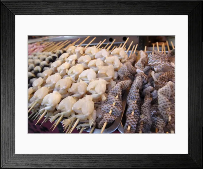 Framed Print : Frogs legs and snake skin at Donghuamen Yeshi night market, Beijing, China, Asia Framed Print : Frogs legs and snake skin at Donghuamen Yeshi night market, Beijing, China, Asia