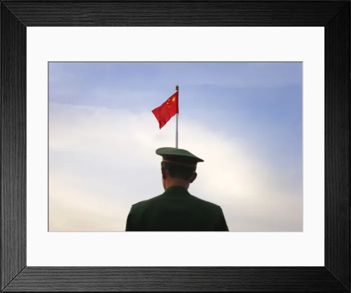 Framed Print : Military police prepare to lower the national flag in Tiananmen Square Framed Print : Military police prepare to lower the national flag in Tiananmen Square