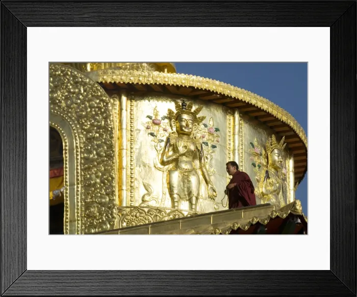 Framed Print : Monk and golden tower, Xiahe monastery, Xiahe, Gansu, China, Asia