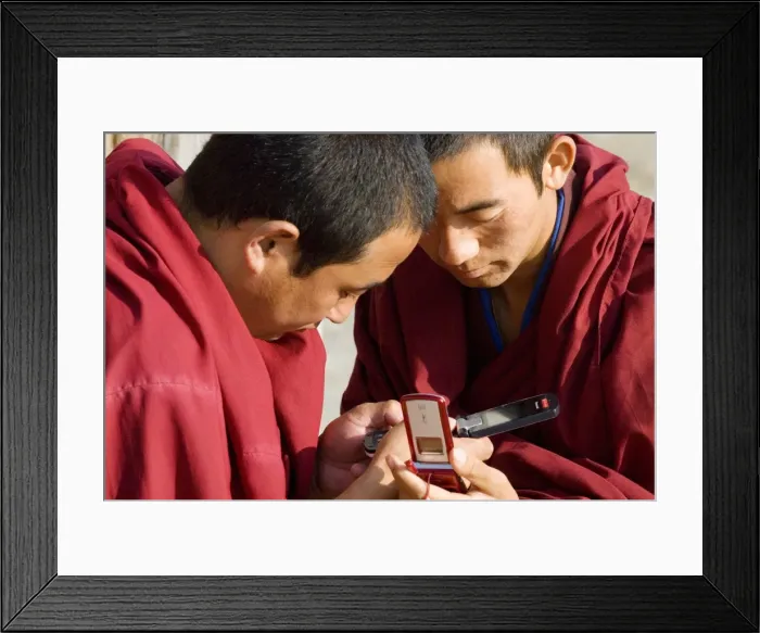 Framed Print : Monks with mobile phones, Xiahe monastery, Xiahe, Gansu, China, Asia Framed Print : Monks with mobile phones, Xiahe monastery, Xiahe, Gansu, China, Asia