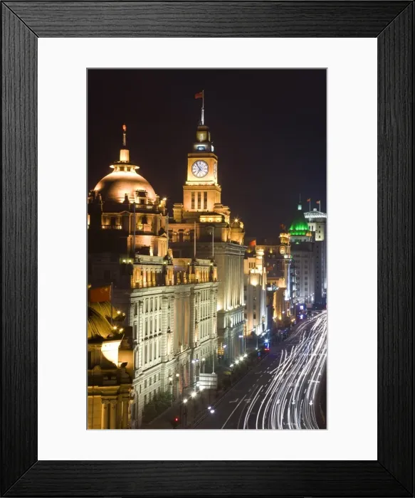 Framed Print : Historic buildings along Shanghais famous Bund promenade, illuminated at night Framed Print : Historic buildings along Shanghais famous Bund promenade, illuminated at night