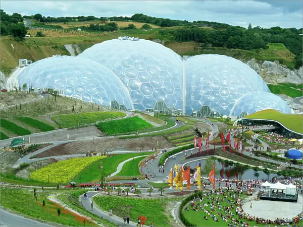 The Humid Tropics biome at the Eden Project, a huge global garden with large hot houses opened in 2001 in a china clay pit, near St Austell, Cornwall, England, United