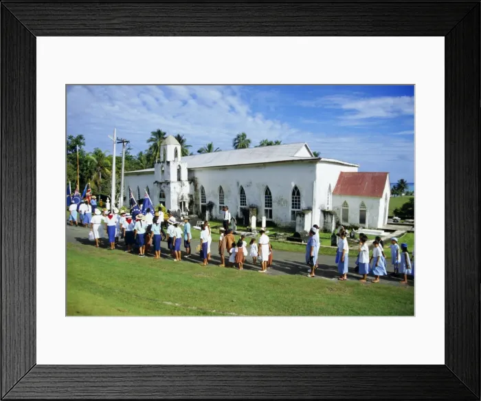 Framed Print : Sunday procession arriving at church for service, Aitutaki, Cook Islands Framed Print : Sunday procession arriving at church for service, Aitutaki, Cook Islands