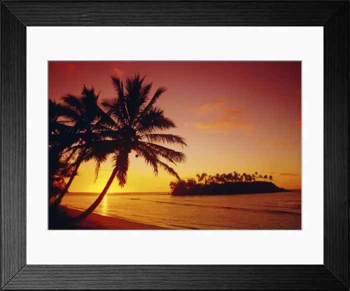 Framed Print : Silhouette of palm trees and desert island at sunrise, Rarotonga, Cook Islands Framed Print : Silhouette of palm trees and desert island at sunrise, Rarotonga, Cook Islands