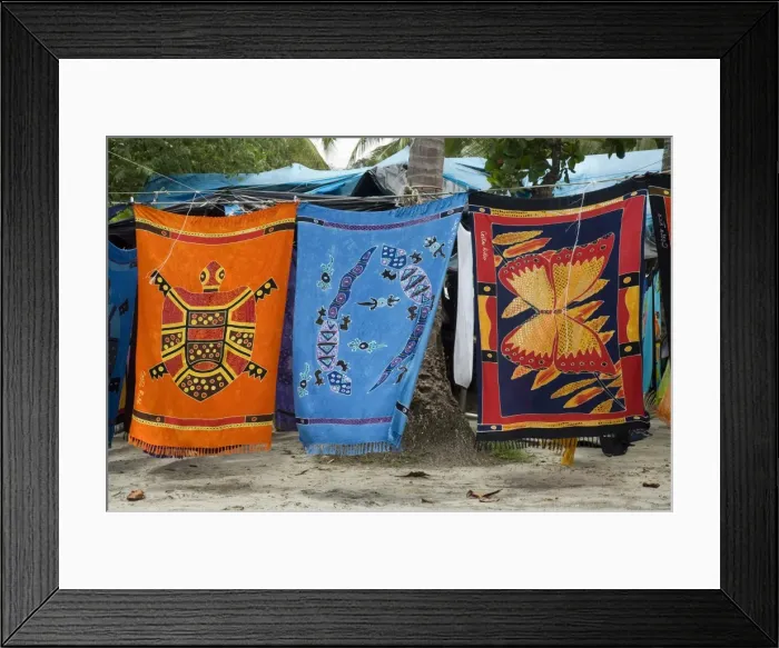 Framed Print : Colourful beach wraps for sale, Manuel Antonio, Costa Rica Framed Print : Colourful beach wraps for sale, Manuel Antonio, Costa Rica