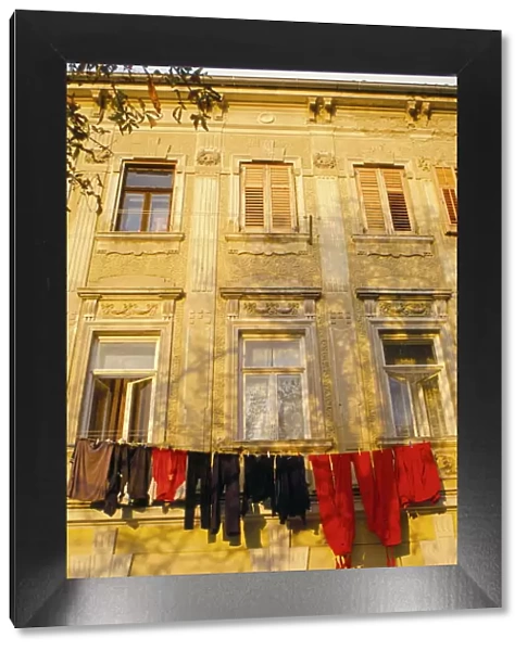 Washing line of colourful laundry in Old Town Buzet, hilltop village, Buzet