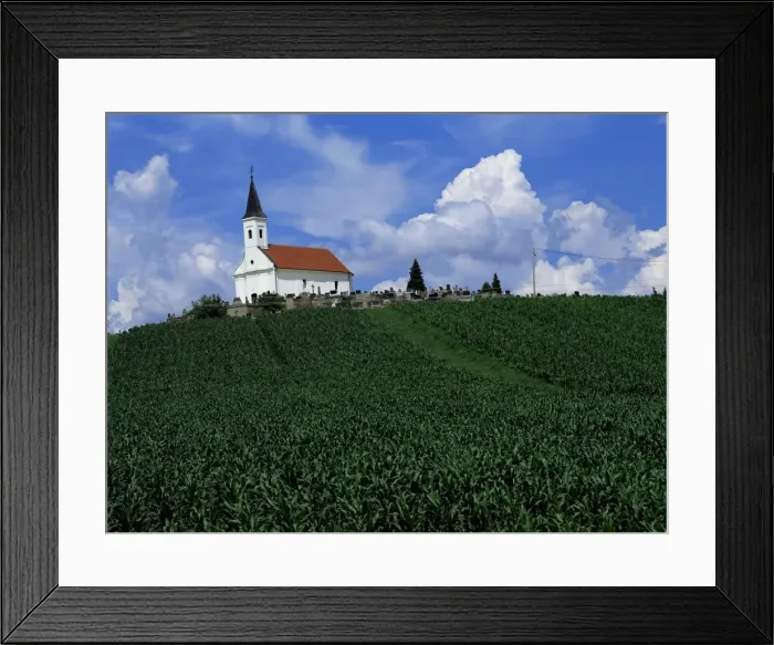 Framed Print : Hillside church above cornfield, Zadar region, Croatia, Europe Framed Print : Hillside church above cornfield, Zadar region, Croatia, Europe