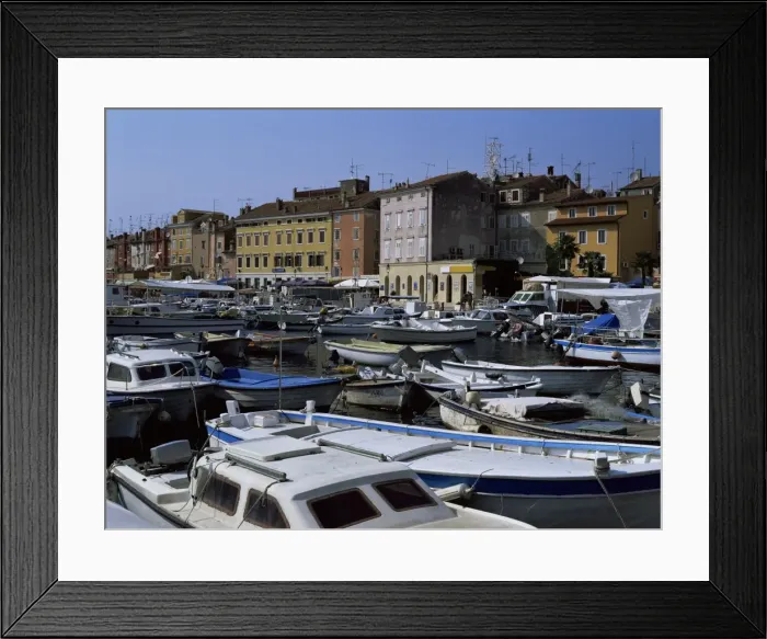 Framed Print : View of town over harbour, Rovinj, Istria district, Croatia, Europe Framed Print : View of town over harbour, Rovinj, Istria district, Croatia, Europe