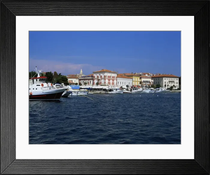 Framed Print : View of town over harbour, Porec, Istria district, Croatia, Europe