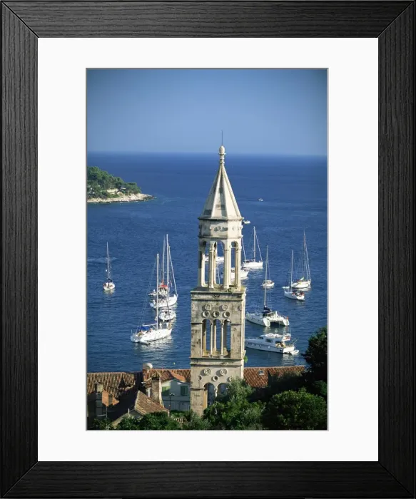 Framed Print : Church spire and boats in the harbour, Hvar Town, Hvar Island, Dalmatia Framed Print : Church spire and boats in the harbour, Hvar Town, Hvar Island, Dalmatia