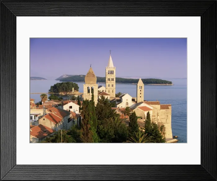 Framed Print : Medieval Rab Bell Towers and elevated view of the town, Rab Town, Rab Island Framed Print : Medieval Rab Bell Towers and elevated view of the town, Rab Town, Rab Island