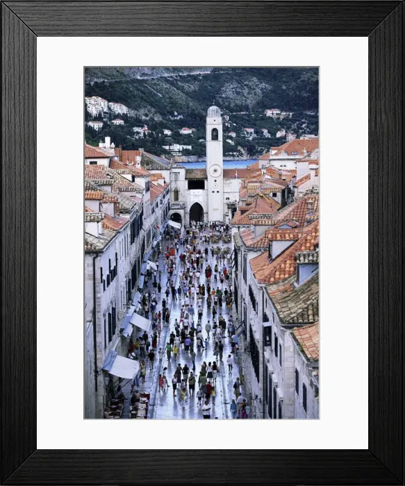 Framed Print : Elevated view along the pedestrian street of Placa to the clock tower, Dubrovnik Framed Print : Elevated view along the pedestrian street of Placa to the clock tower, Dubrovnik