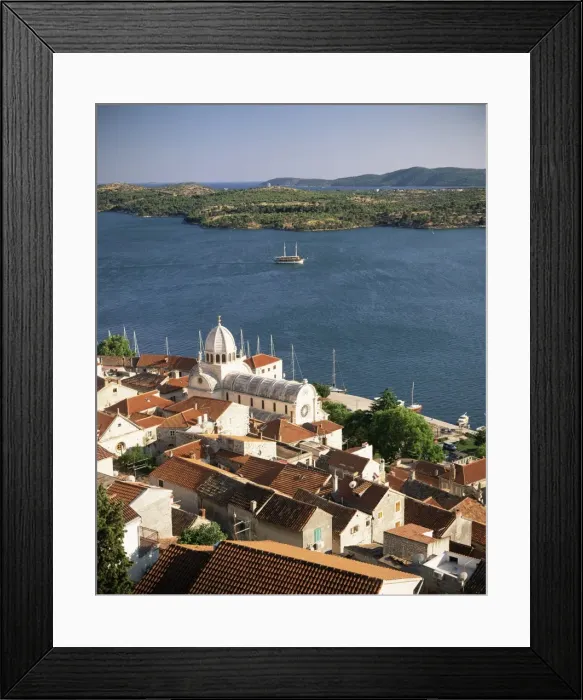 Framed Print : Elevated view of the Old Town and cathedral of St. Jacob, Sibenik, Knin Region Framed Print : Elevated view of the Old Town and cathedral of St. Jacob, Sibenik, Knin Region