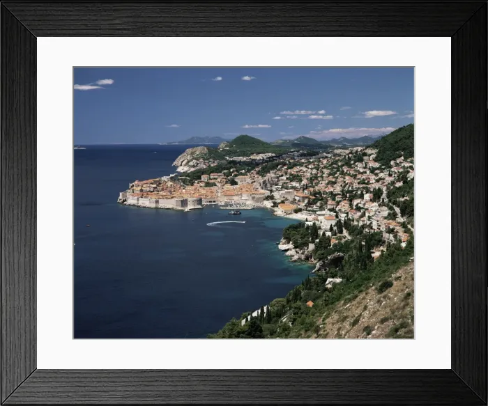 Framed Print : Elevated view along the coast to the city of Dubrovnik, Dalmatia, Dalmatian coast Framed Print : Elevated view along the coast to the city of Dubrovnik, Dalmatia, Dalmatian coast