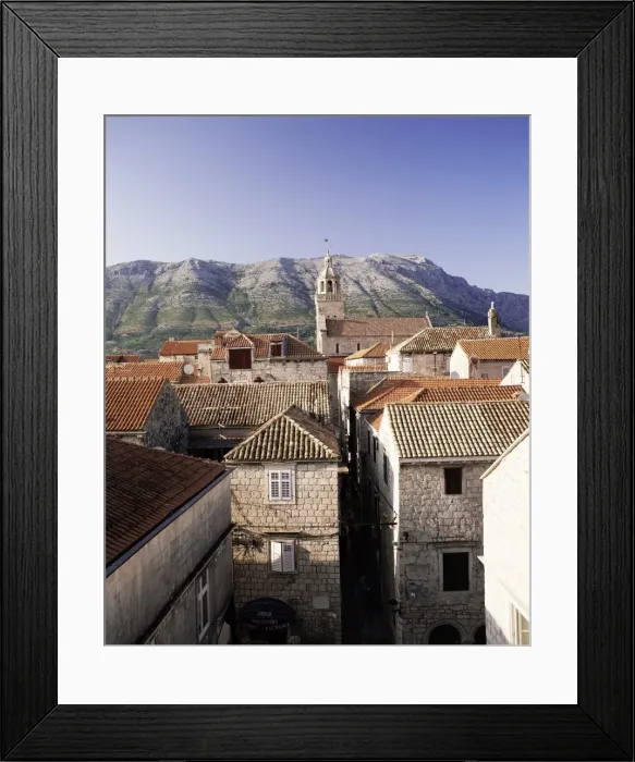 Framed Print : Elevated view of Korcula town looking across to the Peljesac Peninsula Framed Print : Elevated view of Korcula town looking across to the Peljesac Peninsula