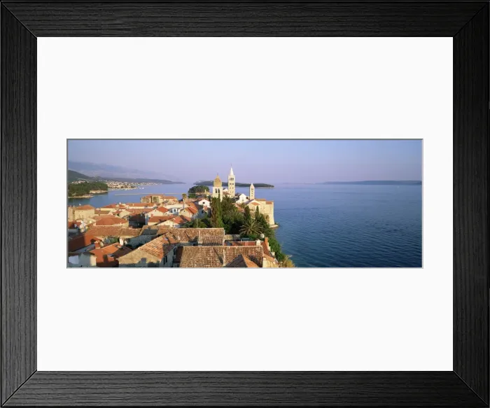 Framed Print : Elevatred view of medieval Rab Bell Towers and town, Rab Town, Rab Island Framed Print : Elevatred view of medieval Rab Bell Towers and town, Rab Town, Rab Island