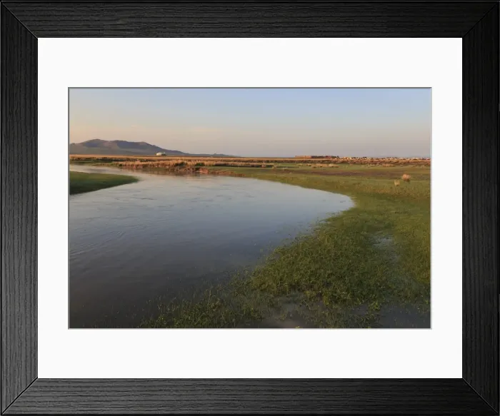 Framed Print : River flows past ger, stock pen and herd lit by summer sunrise, distant hills, Nomad camp Framed Print : River flows past ger, stock pen and herd lit by summer sunrise, distant hills, Nomad camp