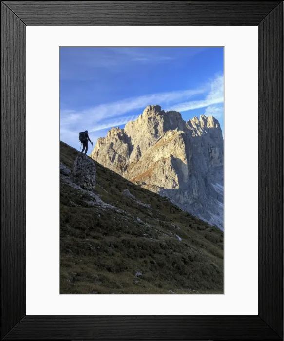 Framed Print : Hiker admires the rocky peaks Furcella De Furcia, Odle, Funes Valley, South Tyrol Framed Print : Hiker admires the rocky peaks Furcella De Furcia, Odle, Funes Valley, South Tyrol