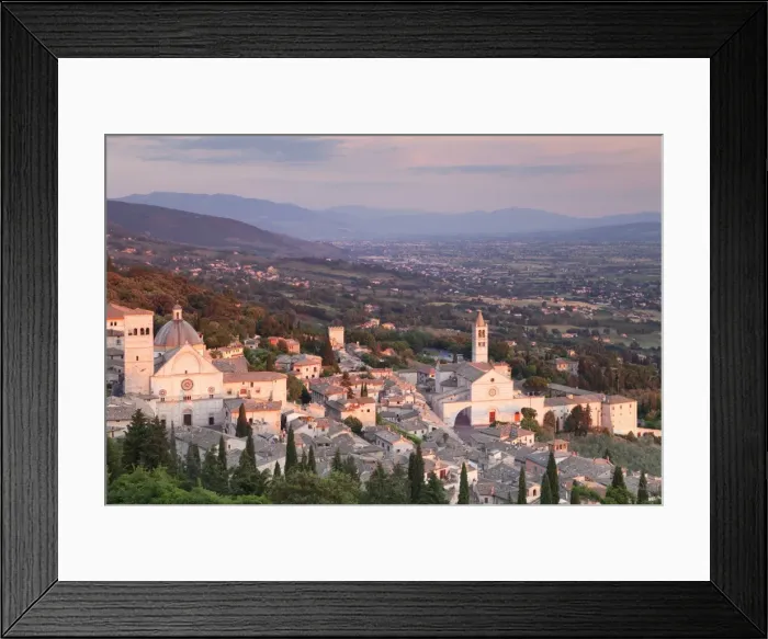 Framed Print : View over Assisi to Santa Chiara Basilica and San Rufino Cathedral at sunset, Assisi Framed Print : View over Assisi to Santa Chiara Basilica and San Rufino Cathedral at sunset, Assisi