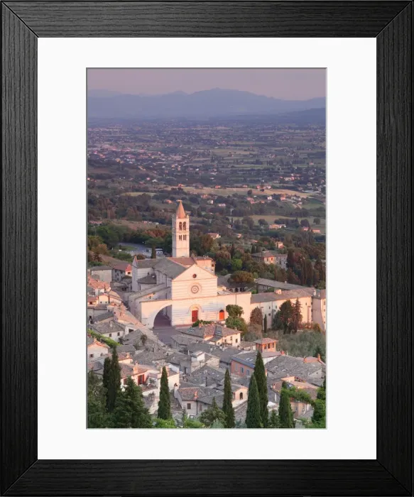 Framed Print : View over Assisi to Santa Chiara Basilica at sunset, Assisi, Perugia District, Umbria Framed Print : View over Assisi to Santa Chiara Basilica at sunset, Assisi, Perugia District, Umbria