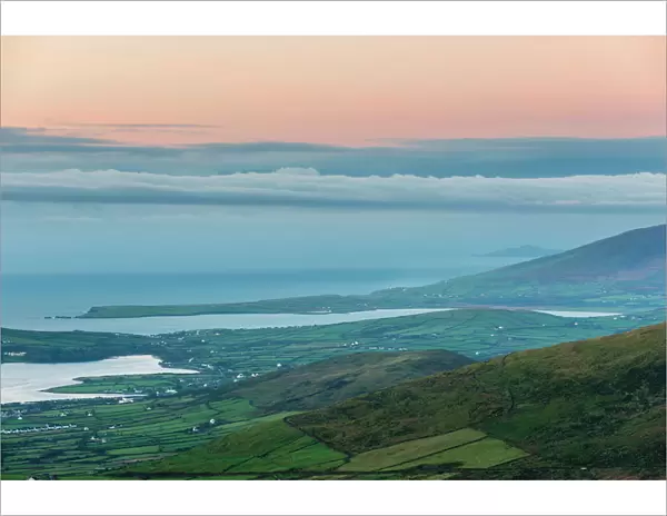 Dingle Bay at dawn from Conor Pass, Dingle Peninsula, County Kerry, Munster, Republic of Ireland