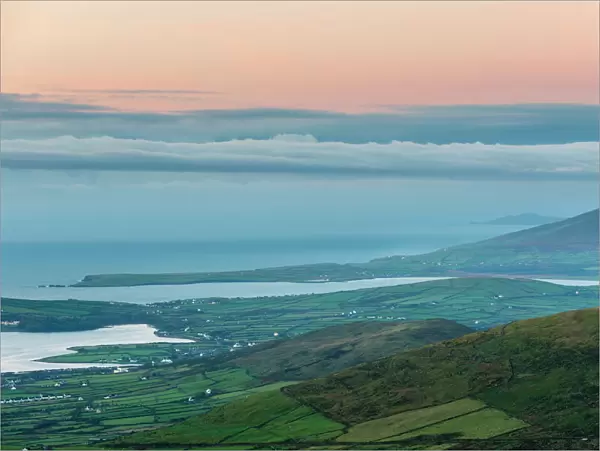 Dingle Bay at dawn from Conor Pass, Dingle Peninsula, County Kerry, Munster, Republic of Ireland