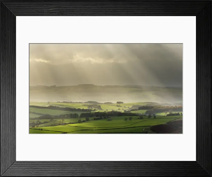Framed Print : Sun illuminating fields in rural landscape in November, near Baslow, seen from Baslow Edge Framed Print : Sun illuminating fields in rural landscape in November, near Baslow, seen from Baslow Edge
