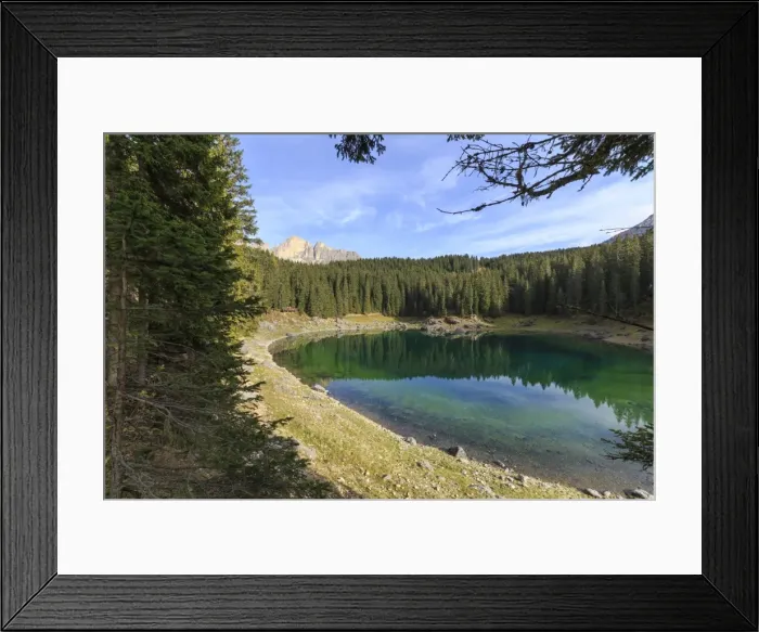 Framed Print : Trees reflected in the green waters of Lake Carezza, Catinaccio Group, Ega Valley Framed Print : Trees reflected in the green waters of Lake Carezza, Catinaccio Group, Ega Valley