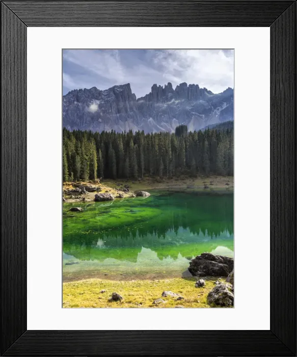 Framed Print : Latemar group reflected in the green waters of Lake Carezza, Ega Valley, South Tyrol Framed Print : Latemar group reflected in the green waters of Lake Carezza, Ega Valley, South Tyrol