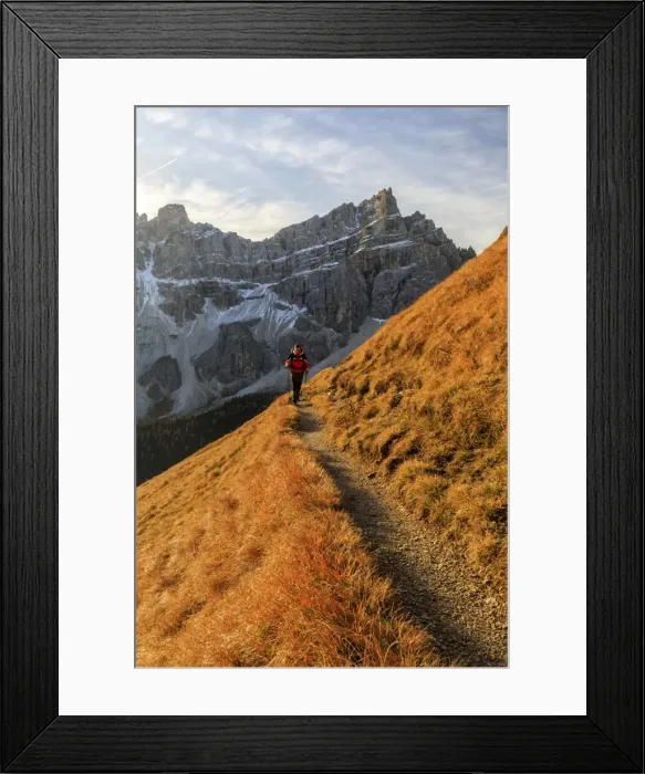 Framed Print : Hiker on a trail around the Forcella De Furcia at sunrise, Val di Funes, South Tyrol Framed Print : Hiker on a trail around the Forcella De Furcia at sunrise, Val di Funes, South Tyrol
