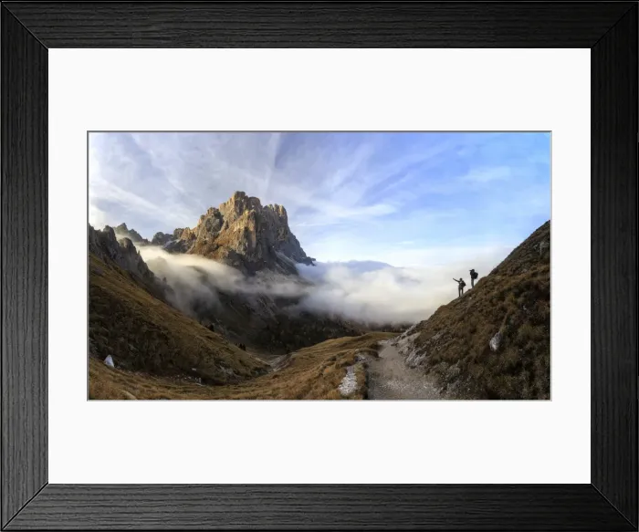 Framed Print : Hikers admire the peaks of Forcella De Furcia at sunrise, Funes Valley, South Tyrol Framed Print : Hikers admire the peaks of Forcella De Furcia at sunrise, Funes Valley, South Tyrol
