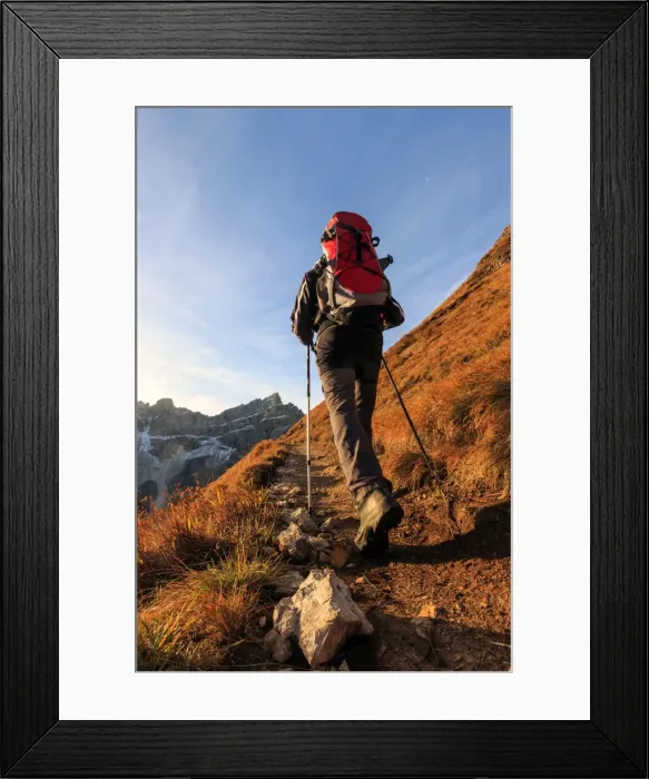 Framed Print : Hiker proceeds toward the group Forcella De Furcia at sunrise, Funes Valley, South Tyrol Framed Print : Hiker proceeds toward the group Forcella De Furcia at sunrise, Funes Valley, South Tyrol