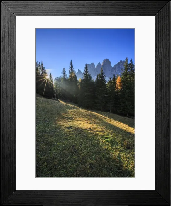 Framed Print : Green meadows and colorful woods in autumn frame the Odle, Malga Zannes, Funes Valley Framed Print : Green meadows and colorful woods in autumn frame the Odle, Malga Zannes, Funes Valley