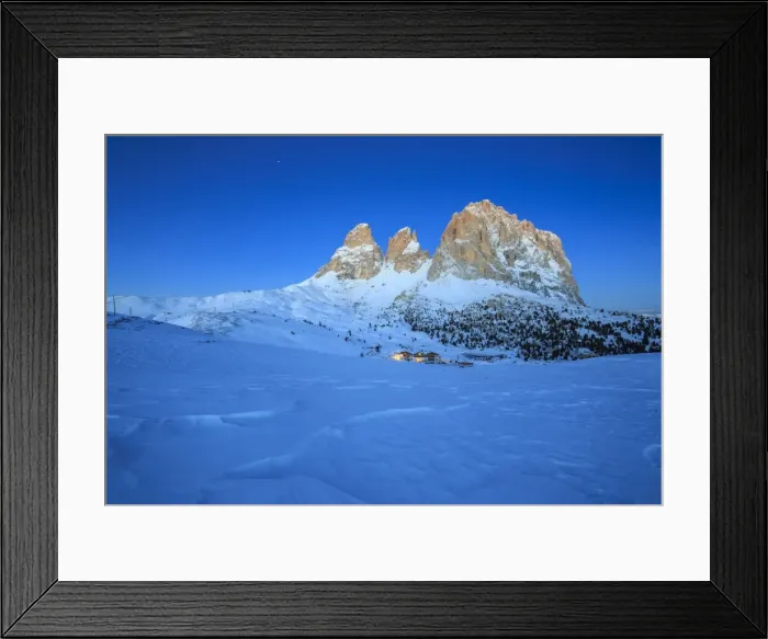 Framed Print : The blue dusk on Sassopiatto and Sassolungo, Fassa Valley, Sella Pass, Trentino-Alto Adige Framed Print : The blue dusk on Sassopiatto and Sassolungo, Fassa Valley, Sella Pass, Trentino-Alto Adige
