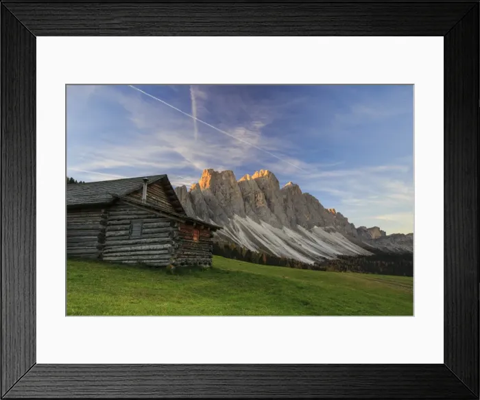 Framed Print : The early morning light illuminates Malga Zannes and the Odle in background, Funes Valley