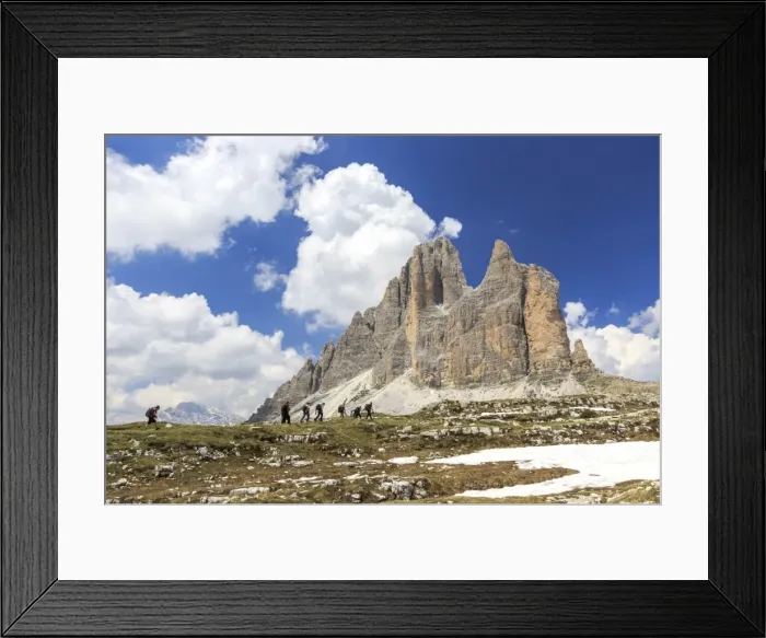 Framed Print : Hikers venturing to discover the Three Peaks of Lavaredo, Sesto, Dolomites, Trentino-Alto Adige Framed Print : Hikers venturing to discover the Three Peaks of Lavaredo, Sesto, Dolomites, Trentino-Alto Adige