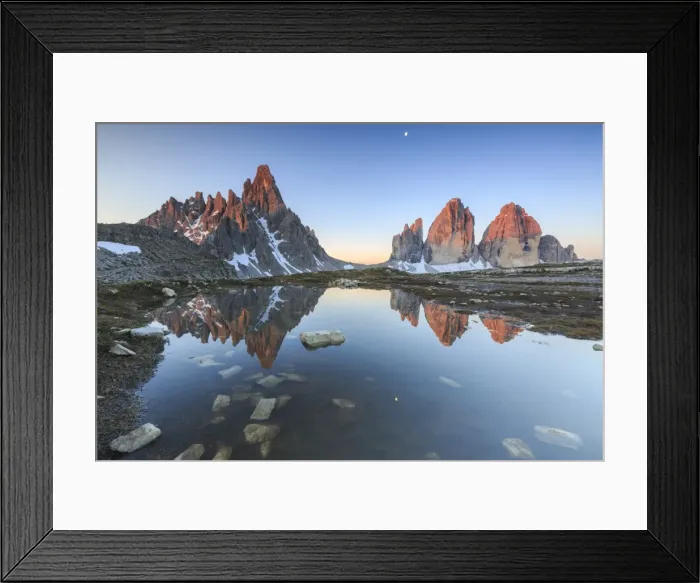 Framed Print : Dawn illuminates the Three Peaks and Mount Paterno reflected in the lake, Sesto Framed Print : Dawn illuminates the Three Peaks and Mount Paterno reflected in the lake, Sesto