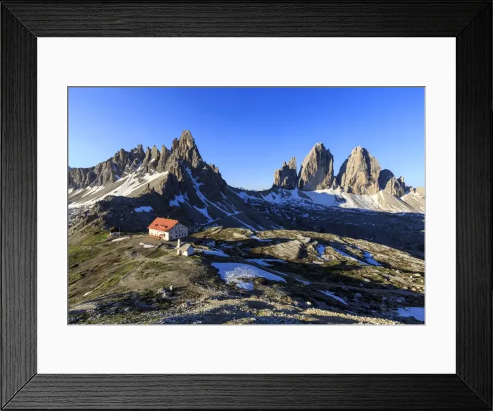 Framed Print : Views of the Three Peaks of Lavaredo and Refuge Locatelli, Sesto, Dolomites, Trentino-Alto Adige Framed Print : Views of the Three Peaks of Lavaredo and Refuge Locatelli, Sesto, Dolomites, Trentino-Alto Adige