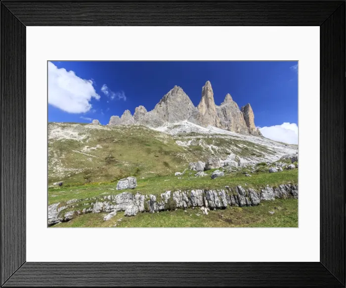Framed Print : Views of the Three Peaks of Lavaredo on a summer day, Sesto, Dolomites, Trentino-Alto Adige Framed Print : Views of the Three Peaks of Lavaredo on a summer day, Sesto, Dolomites, Trentino-Alto Adige