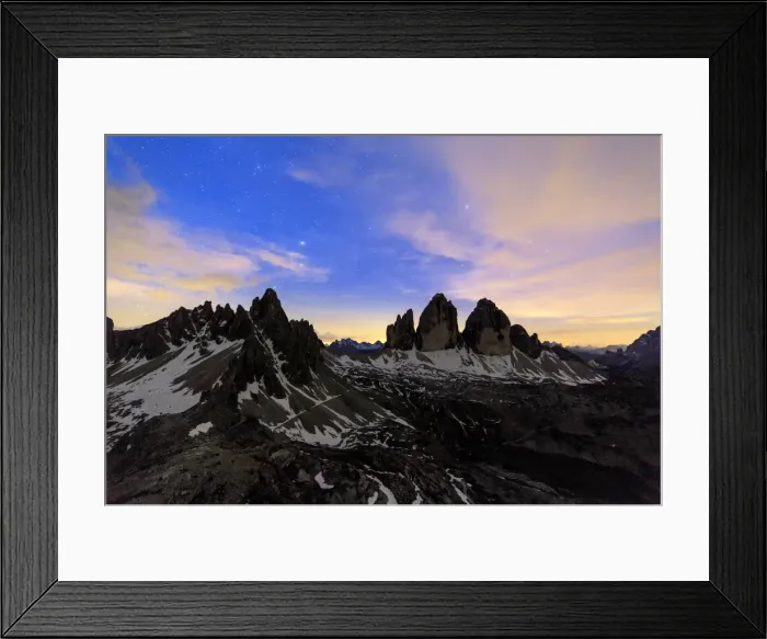 Framed Print : Starry night frame the Three Peaks of Lavaredo, Sesto, Dolomites, Trentino-Alto Adige