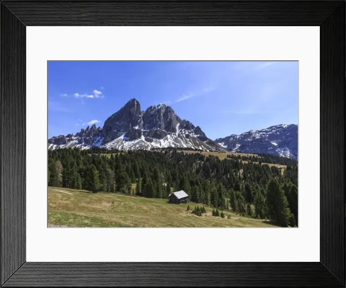 Framed Print : Sass de Putia in background enriched by green woods, Passo delle Erbe, South Tyrol Framed Print : Sass de Putia in background enriched by green woods, Passo delle Erbe, South Tyrol