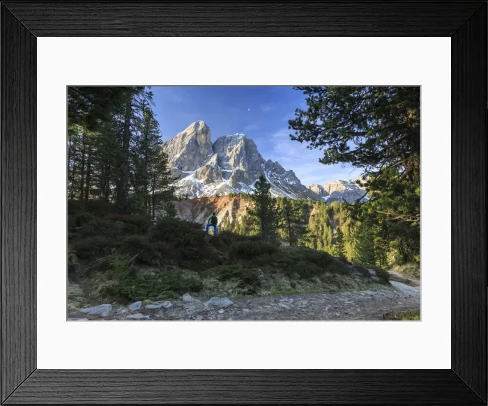 Framed Print : Hiker in the woods admires Sass De Putia, Passo delle Erbe, Puez Odle, South Tyrol Framed Print : Hiker in the woods admires Sass De Putia, Passo delle Erbe, Puez Odle, South Tyrol