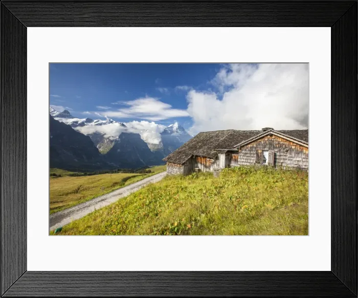 Framed Print : Wood hut with Mount Eiger in the background, First, Grindelwald, Bernese Oberland Framed Print : Wood hut with Mount Eiger in the background, First, Grindelwald, Bernese Oberland