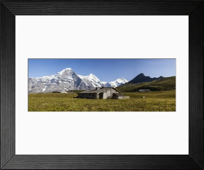 Framed Print : Panoramic view of wood hut with Mount Eiger in the background, Grindelwald, Bernese Oberland Framed Print : Panoramic view of wood hut with Mount Eiger in the background, Grindelwald, Bernese Oberland