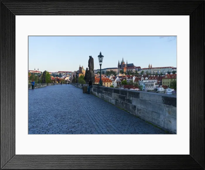 Framed Print : Early morning on Charles Bridge looking towards Prague Castle and Hradcany, UNESCO Framed Print : Early morning on Charles Bridge looking towards Prague Castle and Hradcany, UNESCO