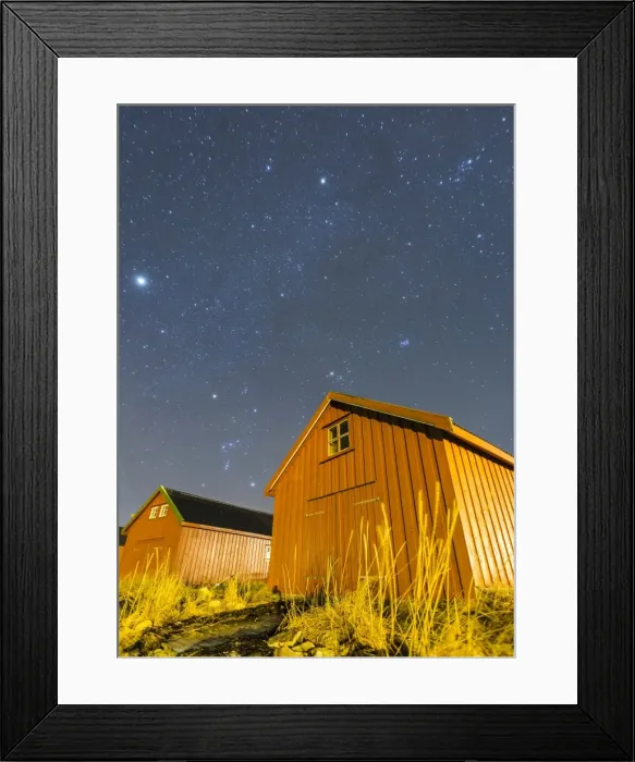 Framed Print : Typical houses of the fishermen under the stars, Froya Island, Trondelag, Norway Framed Print : Typical houses of the fishermen under the stars, Froya Island, Trondelag, Norway