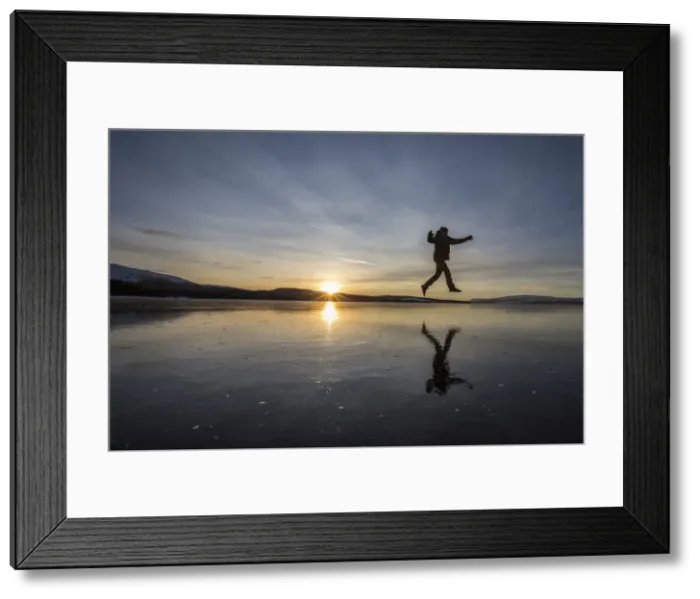Framed Print : Hiker jumps on the frozen surface of Lake Limingen, Rorvik, Borgefjell National Park Framed Print : Hiker jumps on the frozen surface of Lake Limingen, Rorvik, Borgefjell National Park
